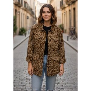Thread & Supply Jacket Womens Large Brown Black‎ Cotton Full Zip Cheetah Print